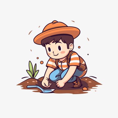 Bahçede çalışan sevimli küçük bir çocuk. Vektör çizgi film illüstrasyonu.