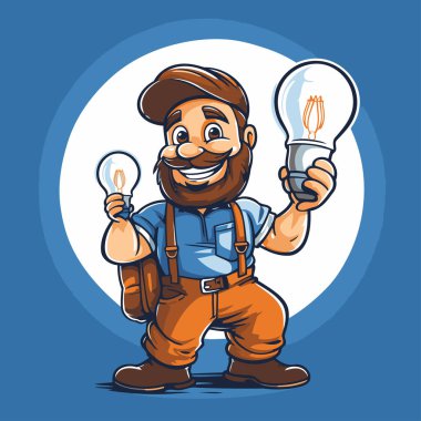 Elinde ampul olan bir tamirci. Vektör illüstrasyonu.