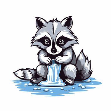 Rakun şişeden su içiyor. Beyaz arkaplanda vektör illüstrasyonu.