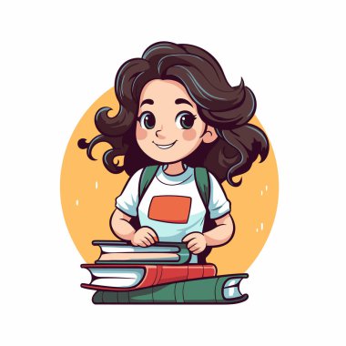 Kitapları olan sevimli küçük bir kız. Çizgi film tarzında vektör illüstrasyonu.