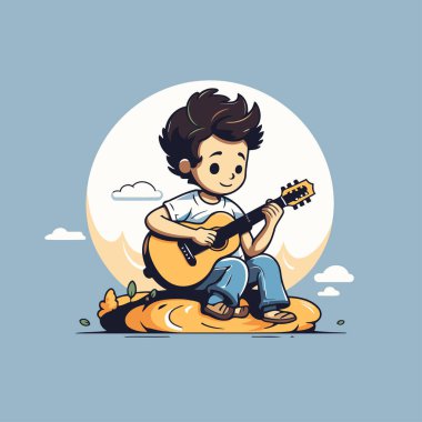 Sahilde gitar çalan bir çocuk. Çizgi film tarzında vektör illüstrasyonu.