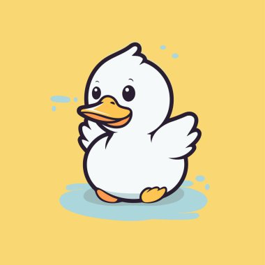 Şirin ördek. Çizgi film tarzında vektör illüstrasyonu. Sarı arkaplanda izole edilmiş.