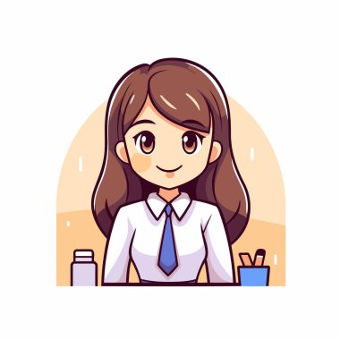 Ofisteki sevimli iş kadını. Çizgi film tarzında vektör illüstrasyonu.