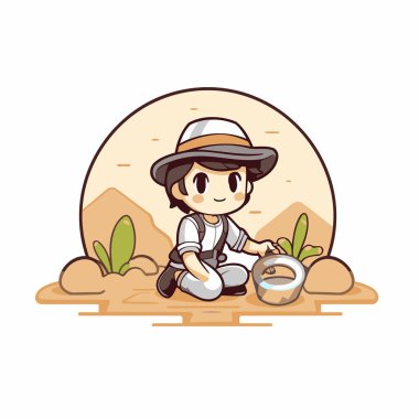 Safari şapkalı şirin çocuk kumda oturuyor. Vektör illüstrasyonu