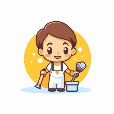 Boya fırçası ve kovası olan sevimli bir çocuk. Vektör çizgi film illüstrasyonu.