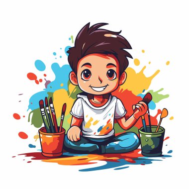 Suluboya boya ve fırçalarla resim yapan tatlı bir çocuk. Vektör illüstrasyonu.