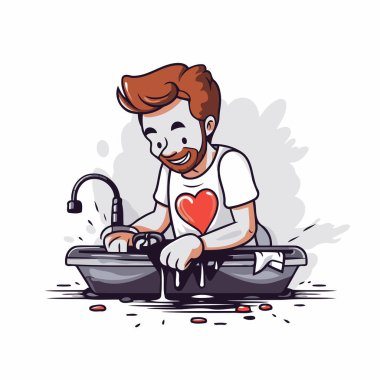 Ellerini lavaboda yıkayan bir adamın vektör çizimi. Çizgi film biçimi.