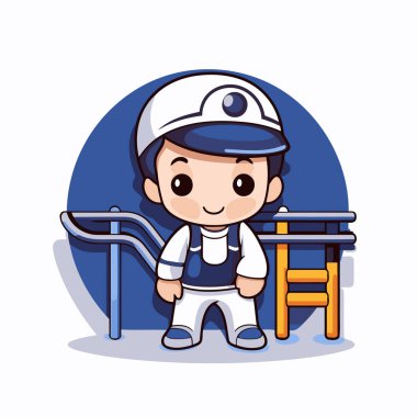 Sandalyesi ve kask vektörü resimli grafik tasarımı olan sevimli çizgi film tamircisi çocuk.