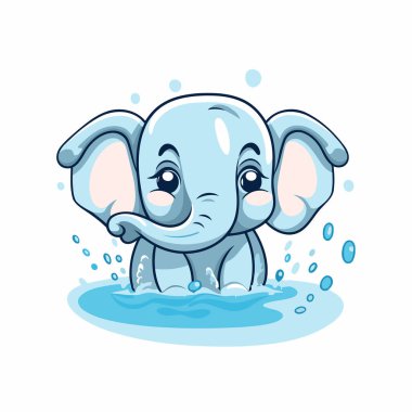 Sudaki şirin bebek fil. Vektör illüstrasyonu beyaz arkaplanda izole edildi.