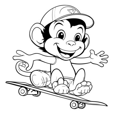 Maymun Kaykayı - Siyah ve Beyaz Çizgi Film İllüstrasyonu.