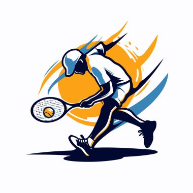 Tenis oyuncusu. Beyaz arka planda soyut vektör logosu. Vektör illüstrasyonu.