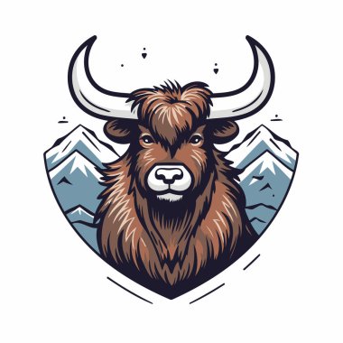 Arka planda dağlar olan bir öküz kafasının maskot çizimi.