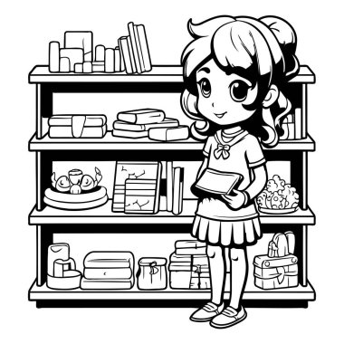 Kitapçıda duran bir kızın siyah beyaz çizimi.