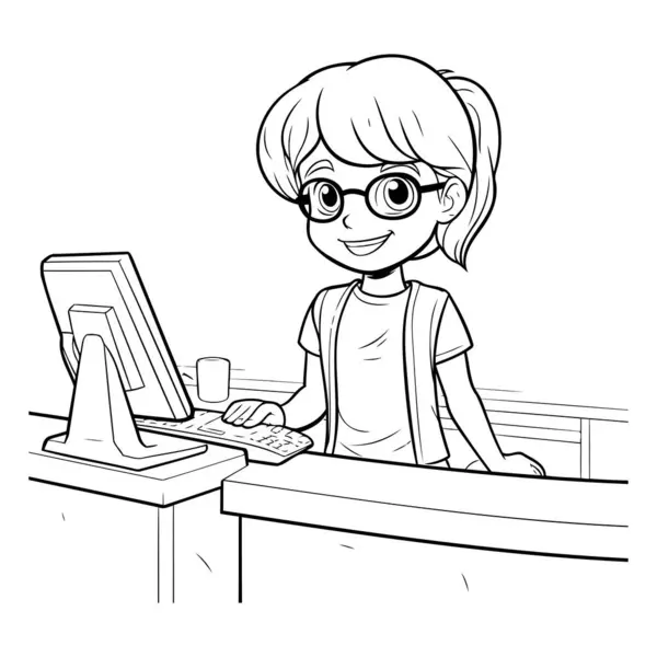 Gadis Remaja Menggunakan Komputer Ilustrasi Vektor Hitam Dan Putih Untuk - Stok Vektor