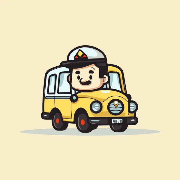 Cute Cartoon Taxi Driver Yellow Car Vector Illustration Cartoon Style — Stock Vector