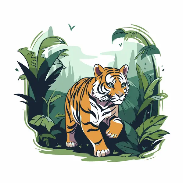 ジャングルで虎 ジャングル動物ベクターイラスト ジャングルで野生の猫 — ストックベクタ