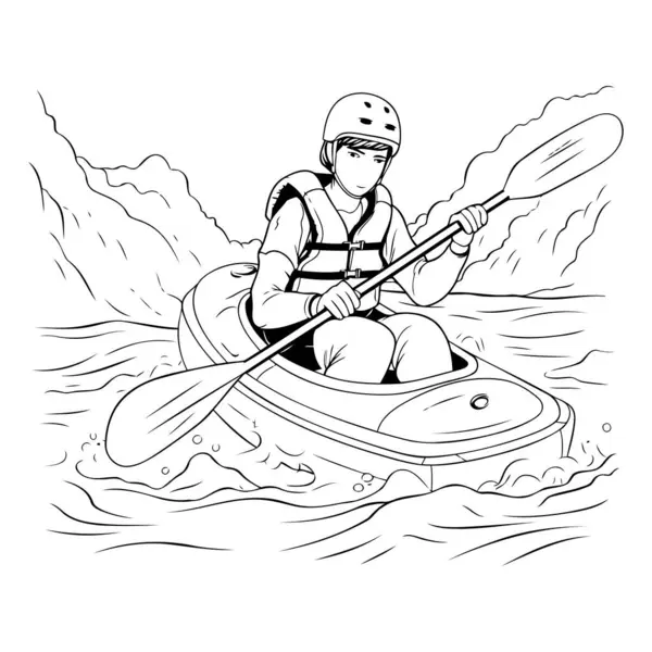 Ilustración Hombre Navegando Kayak Por Río Blanco Negro — Vector de stock