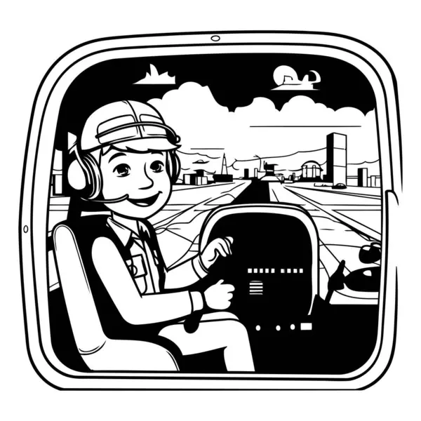 Vektorillustration Eines Jungen Mit Pilotenhelm Steuer Eines Autos — Stockvektor