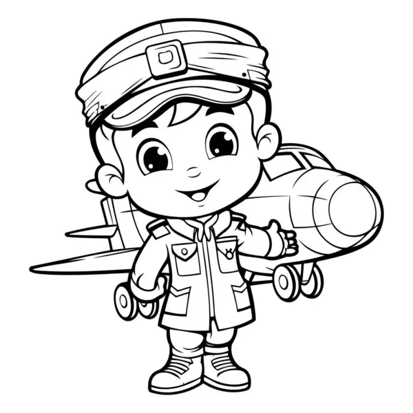 Schwarz Weiße Zeichentrick Illustration Des Niedlichen Kleinen Jungen Pilot Character — Stockvektor