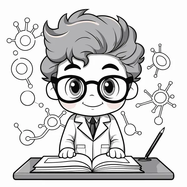 Gözlüklü ve beyaz arka planda kitap okuyan bir çocuğun vektör çizimi