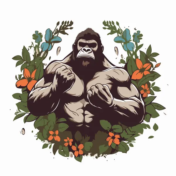 Gorilla Vector Illustration Strong Gorilla Flowers — Stock Vector