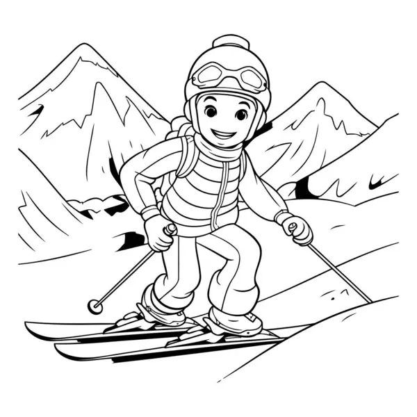 Skimeisje Zwart Wit Vector Illustratie Voor Kleurboek — Stockvector