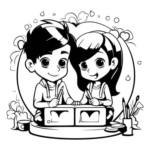 Αγόρι Και Κορίτσι Τρώνε Κέικ Στο Καφέ Ασπρόμαυρη Απεικόνιση — Διανυσματικό Αρχείο
