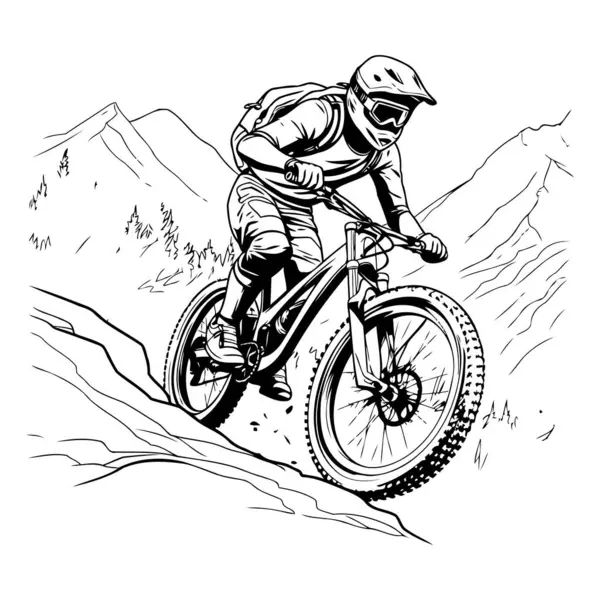 Motociclista Montanha Numa Bicicleta Montanha Ilustração Vetorial Imagem Monocromática — Vetor de Stock