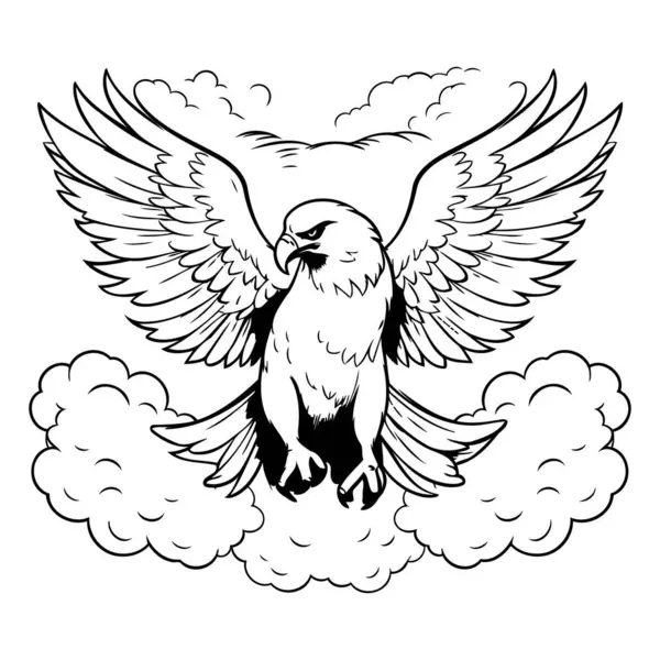 Eagle Flying Clouds Black White Vector Illustration — Stock Vector