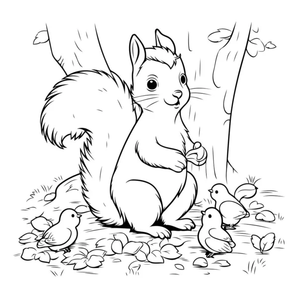 Squirrel Chicks Forest Black White Vector Illustration — Stock Vector