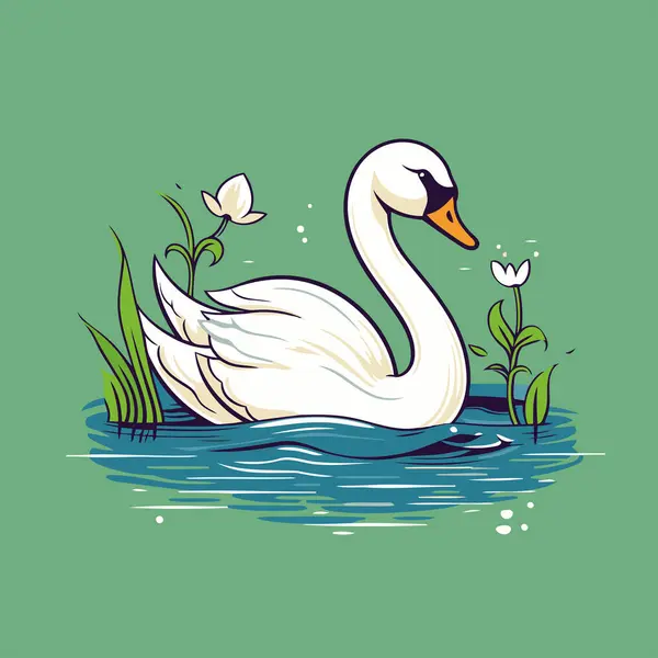 Cisne Lago Com Flores Ilustração Vetorial Estilo Cartoon — Vetor de Stock