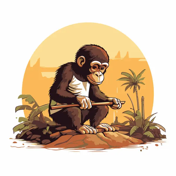 Chimpanzee Monkey Beach Vector Illustration Cartoon Style — Stock Vector