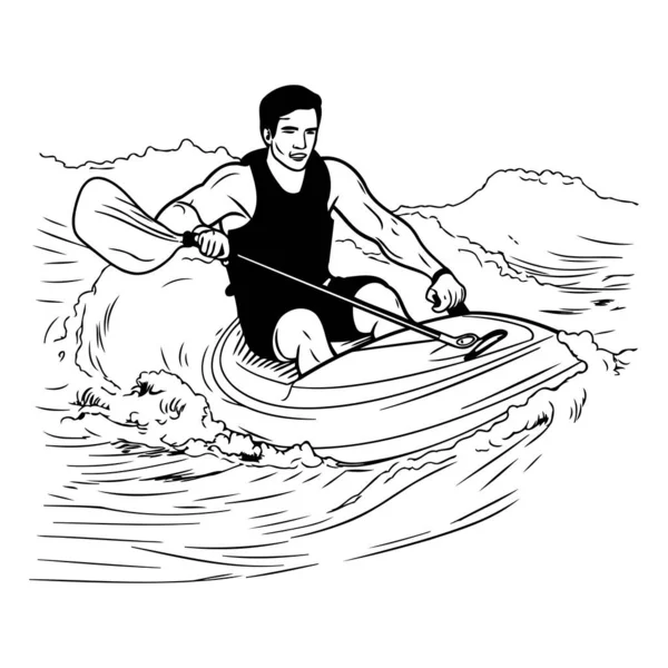 Ilustración Hombre Haciendo Kayak Mar Sobre Fondo Blanco — Archivo Imágenes Vectoriales