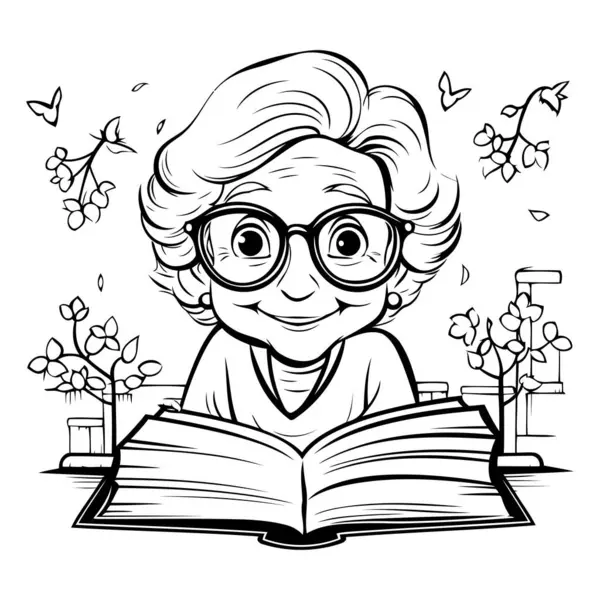 Büyükannem bir kitap okuyor. Siyah-Beyaz Çizgi Film İllüstrasyonu. Vektör
