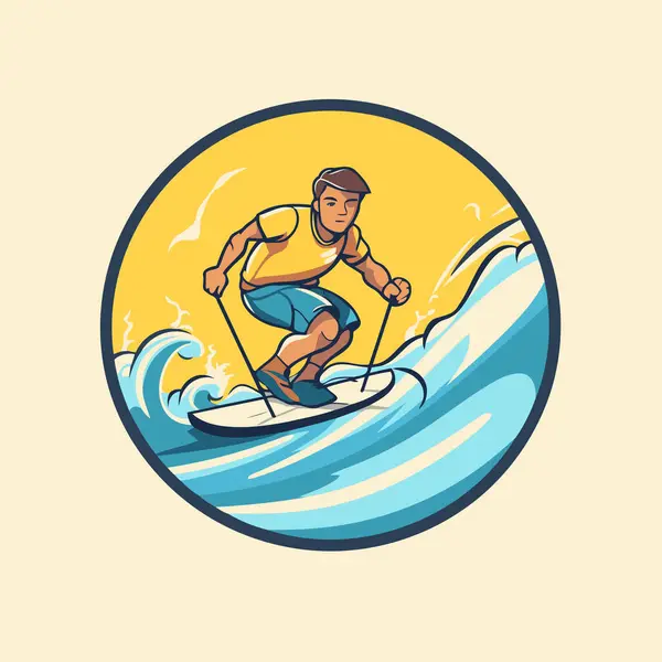 Homem Surfista Numa Prancha Surf Ilustração Vetorial Estilo Retro — Vetor de Stock
