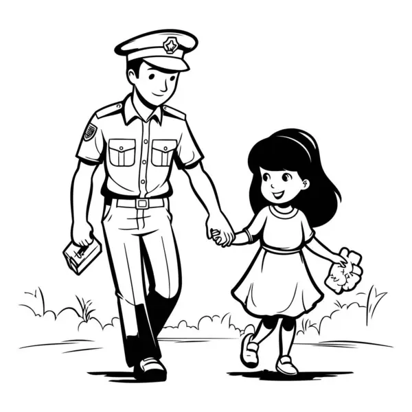 Politie Kind Het Park Zwart Wit Vector Illustratie — Stockvector