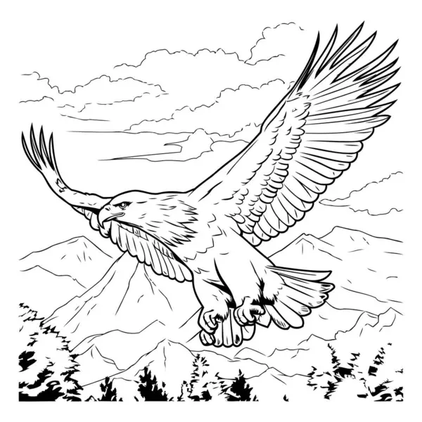イーグルは山で飛んでいる 黒と白のベクトルイラスト — ストックベクタ