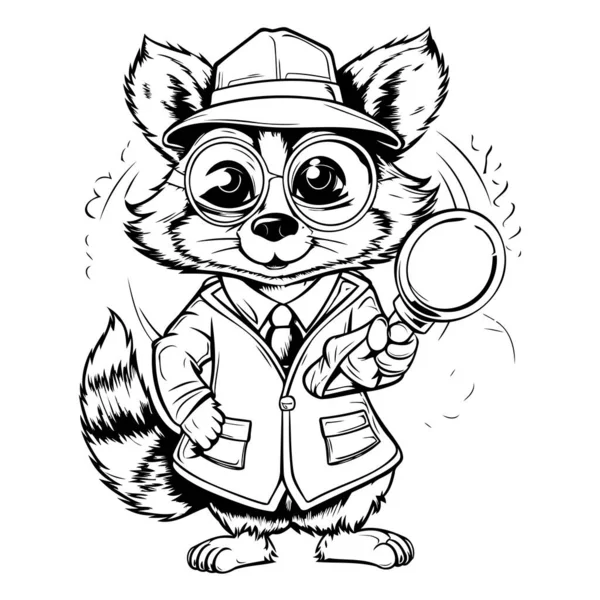 Vector Illustration Raccoon Detective Magnifying Glass — Stock Vector