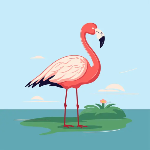 Adadaki Flamingo Düz Biçimli Vektör Illüstrasyonu — Stok Vektör
