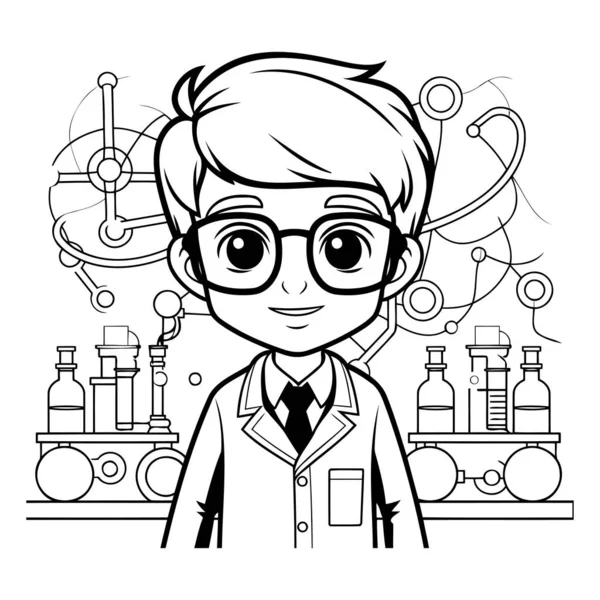 Desenho Animado Menino Cientista Com Elementos Ciência Preto Branco Ilustração — Vetor de Stock