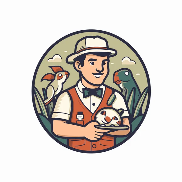 Vector Illustration Farmer Holding Chicken His Hands Retro Style Icon — Stock Vector