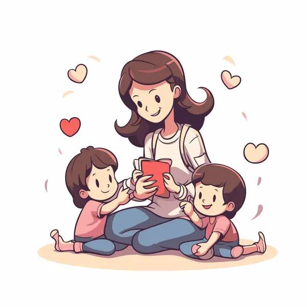 母亲和她的孩子们坐在地板上看书 矢量说明 — 图库矢量图片