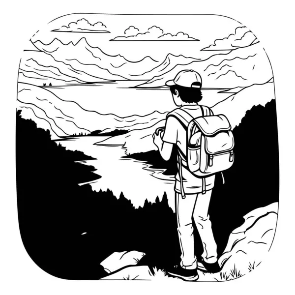 Turysta Plecakiem Stojący Szczycie Góry Ilustracja Wektora — Wektor stockowy
