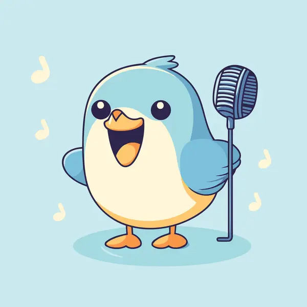 Leuke Tekenfilm Vogel Zingen Met Microfoon Blauwe Achtergrond Vectorillustratie — Stockvector