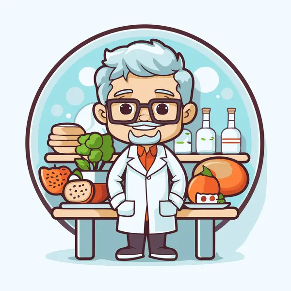 健康的な食べ物を持つ漫画科学者 漫画スタイルのベクトルイラスト — ストックベクタ