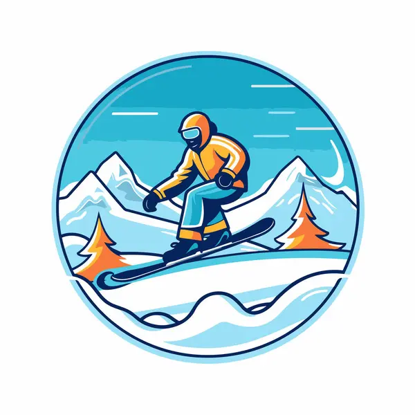 Snowboarder Een Berghelling Vector Illustratie Retro Stijl — Stockvector