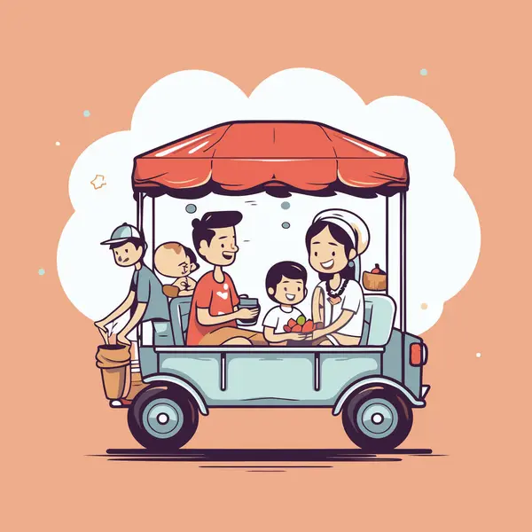 家族はトゥクトゥクの車で食事をしている ベクトルイラスト — ストックベクタ