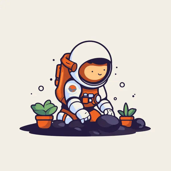 Astronauta Sentado Suelo Sosteniendo Plantas Ilustración Vectorial — Archivo Imágenes Vectoriales