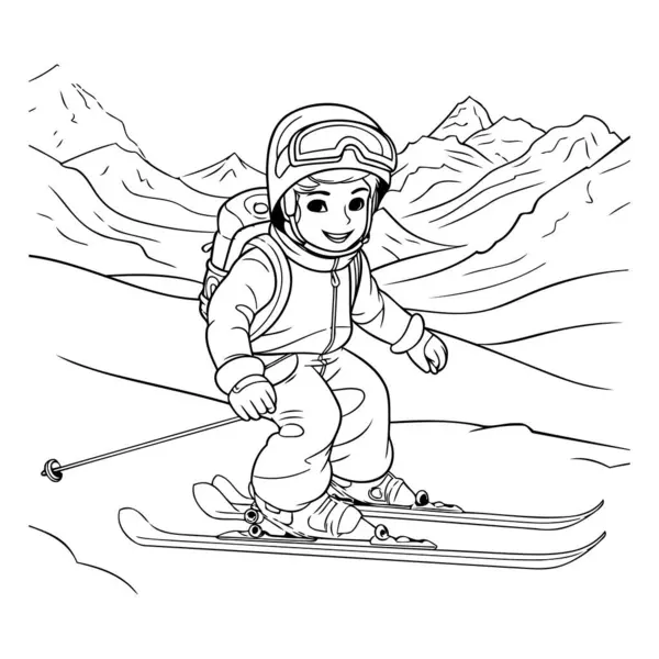Cartoon Skiër Bergen Zwart Wit Vector Illustratie — Stockvector