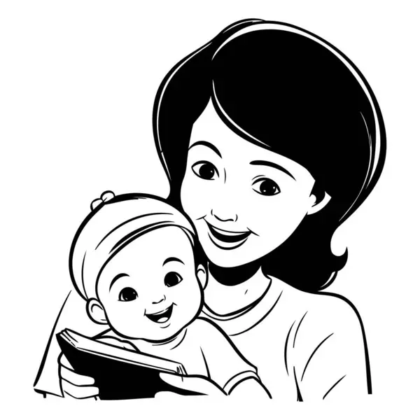 Giovane Madre Con Suo Bambino Tra Braccia Disegno Grafico Vettoriale — Vettoriale Stock
